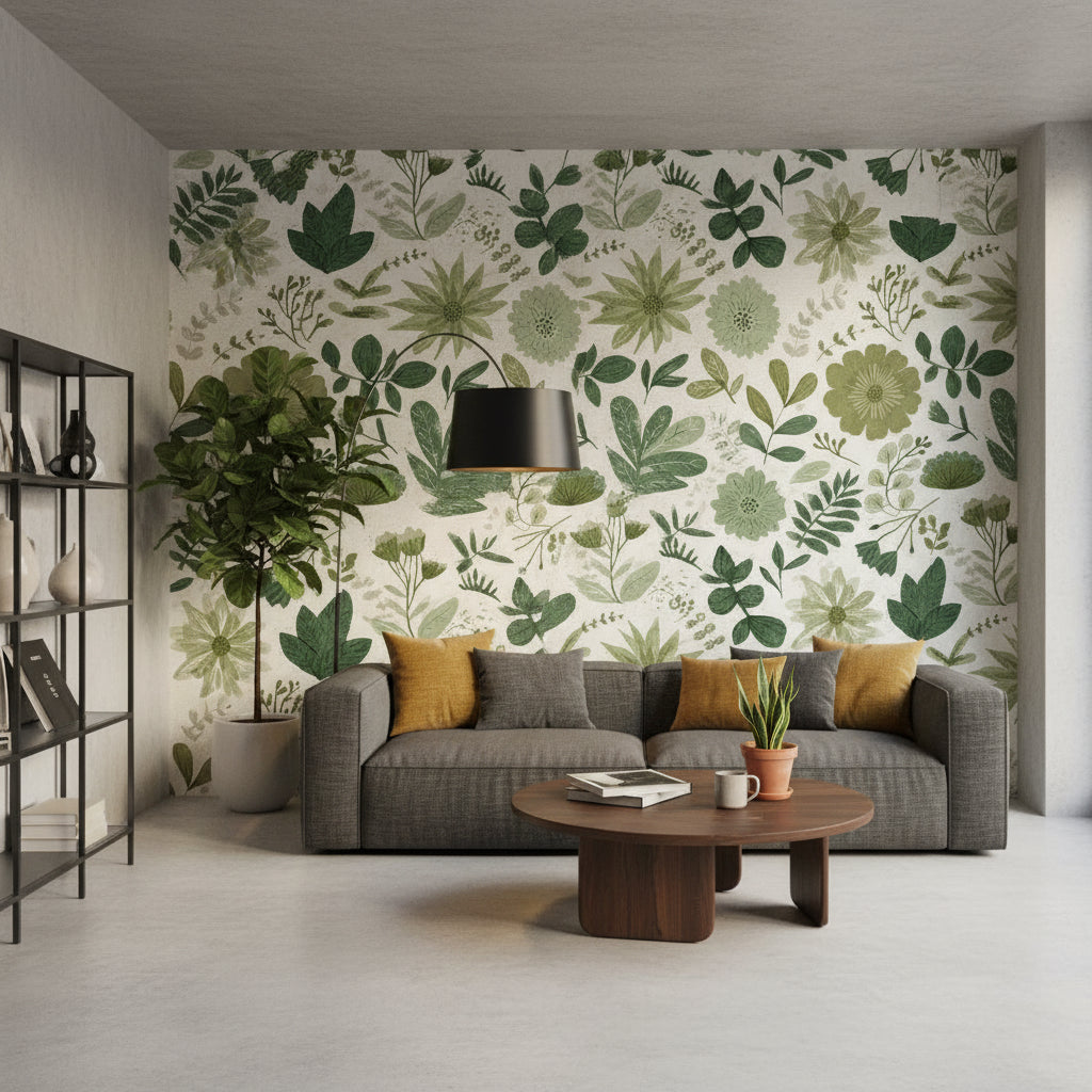 White and Green Botanical Floral Wallpaper