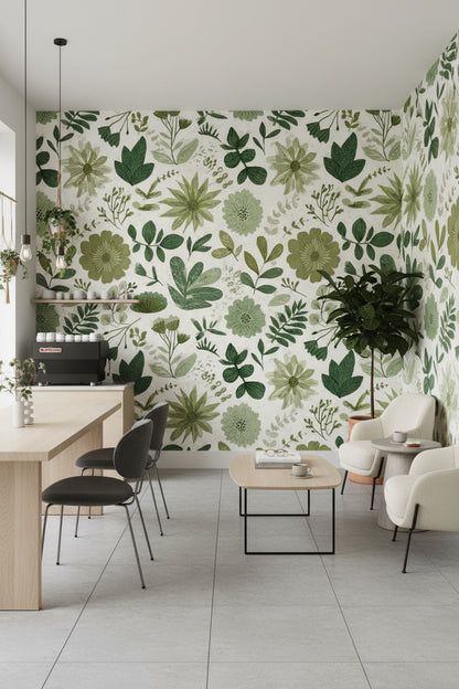 White and Green Botanical Floral Wallpaper