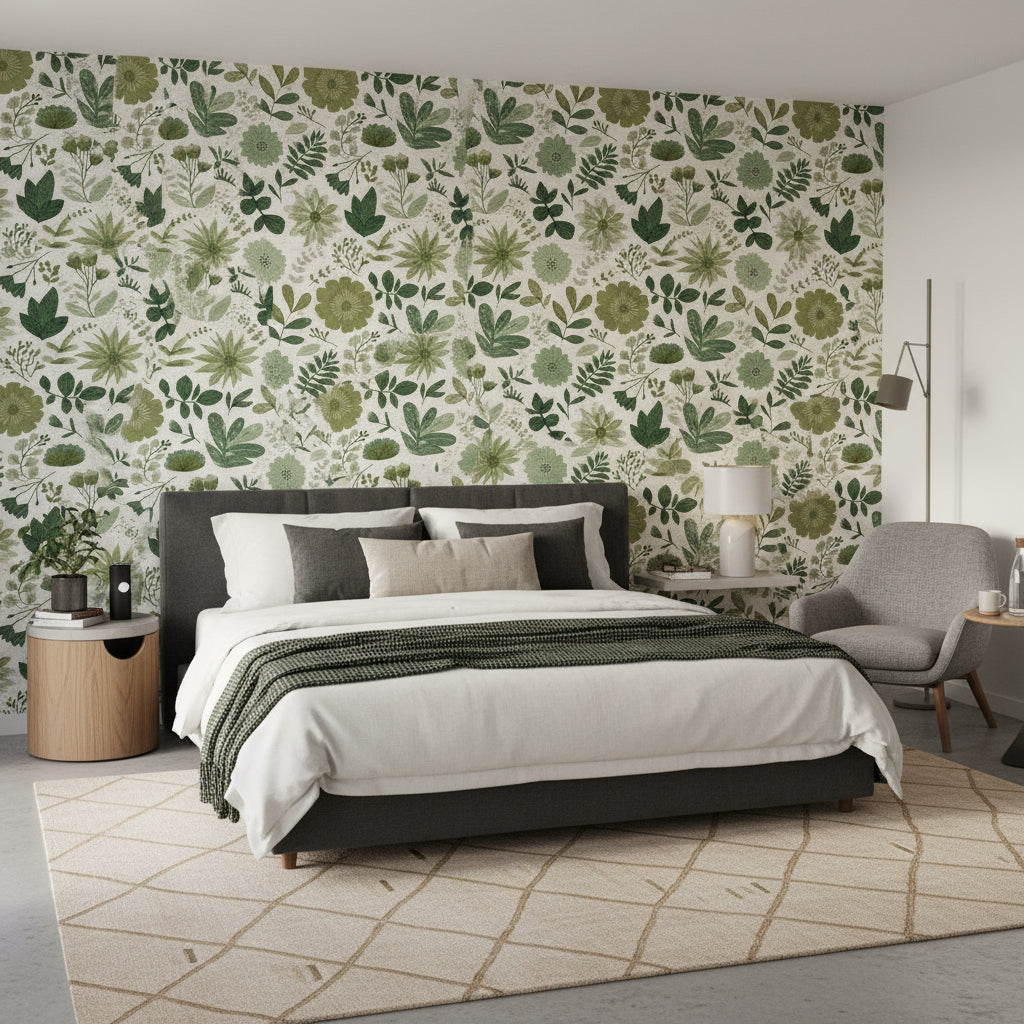White and Green Botanical Floral Wallpaper