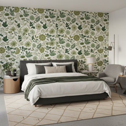 White and Green Botanical Floral Wallpaper