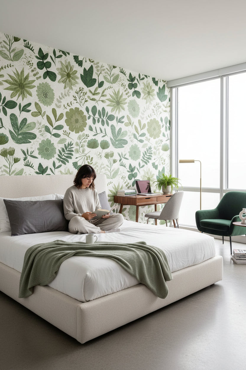 White and Green Botanical Floral Wallpaper