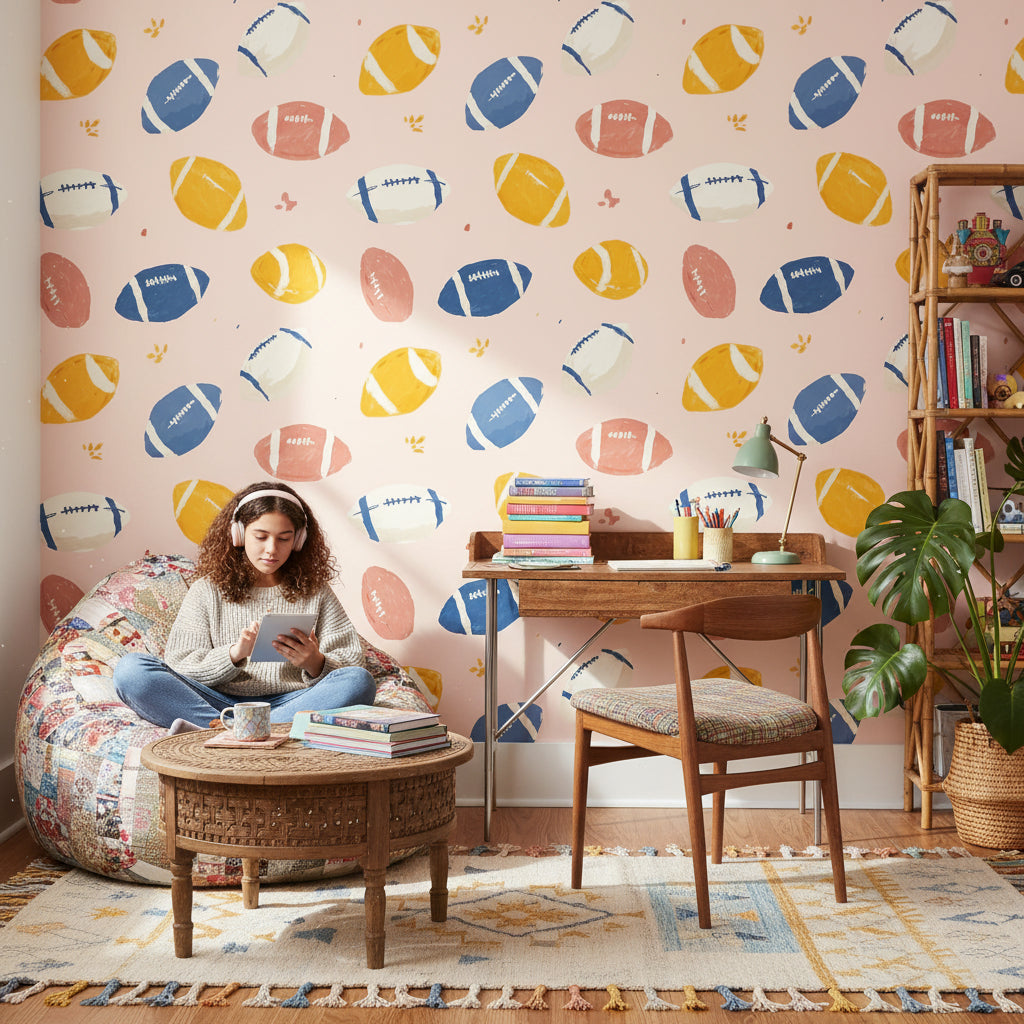 Abstract Pattern Wallpaper Football Playful Wall Decor