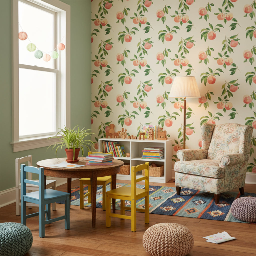 Cream Peach Botanical Pattern Wallpaper