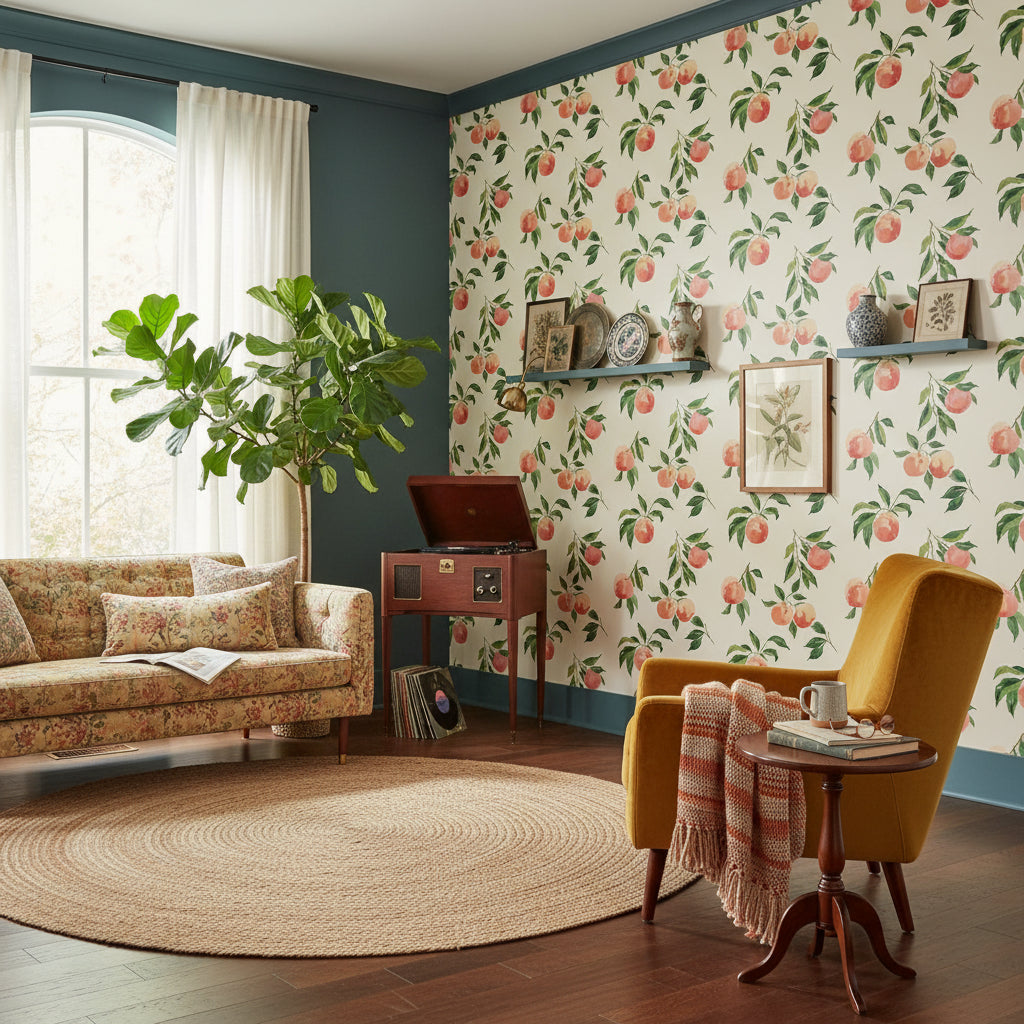 Cream Peach Botanical Pattern Wallpaper