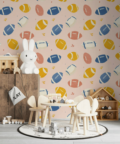 Blush Pink Multicolor Football Pattern Wallpaper
