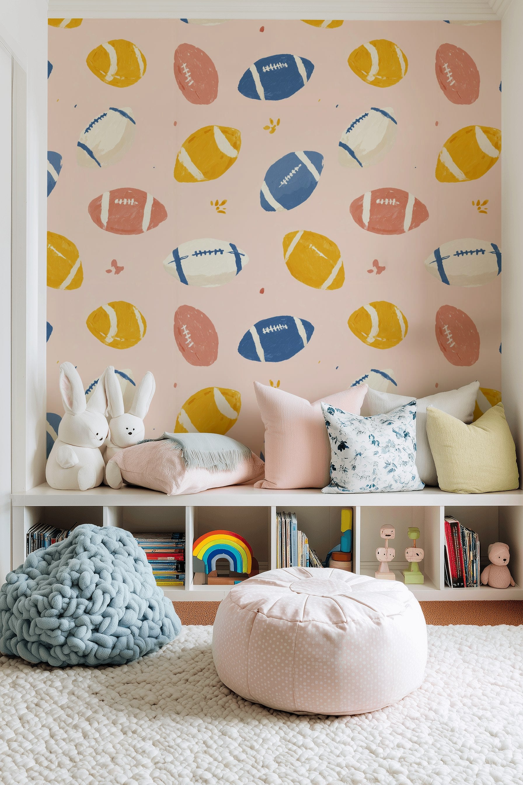 Blush Pink Multicolor Football Pattern Wallpaper