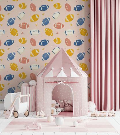Blush Pink Multicolor Football Pattern Wallpaper