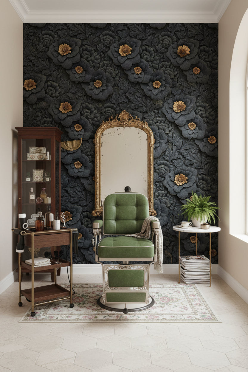 Gold Look Accented Black Floral Wallpaper