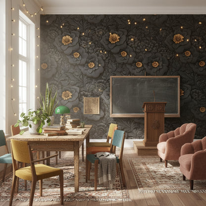 Gold Look Accented Black Floral Wallpaper