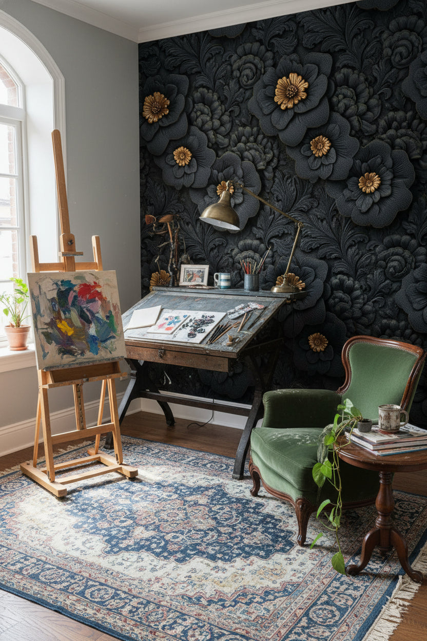 Gold Look Accented Black Floral Wallpaper