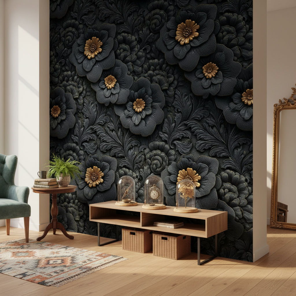 Floral Wallpaper Black Mural Gold Wall Decor