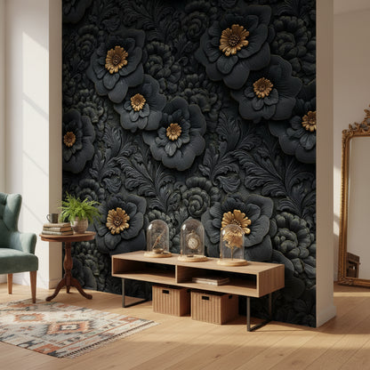 Gold Look Accented Black Floral Wallpaper