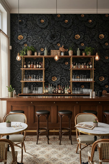 Gold Look Accented Black Floral Wallpaper