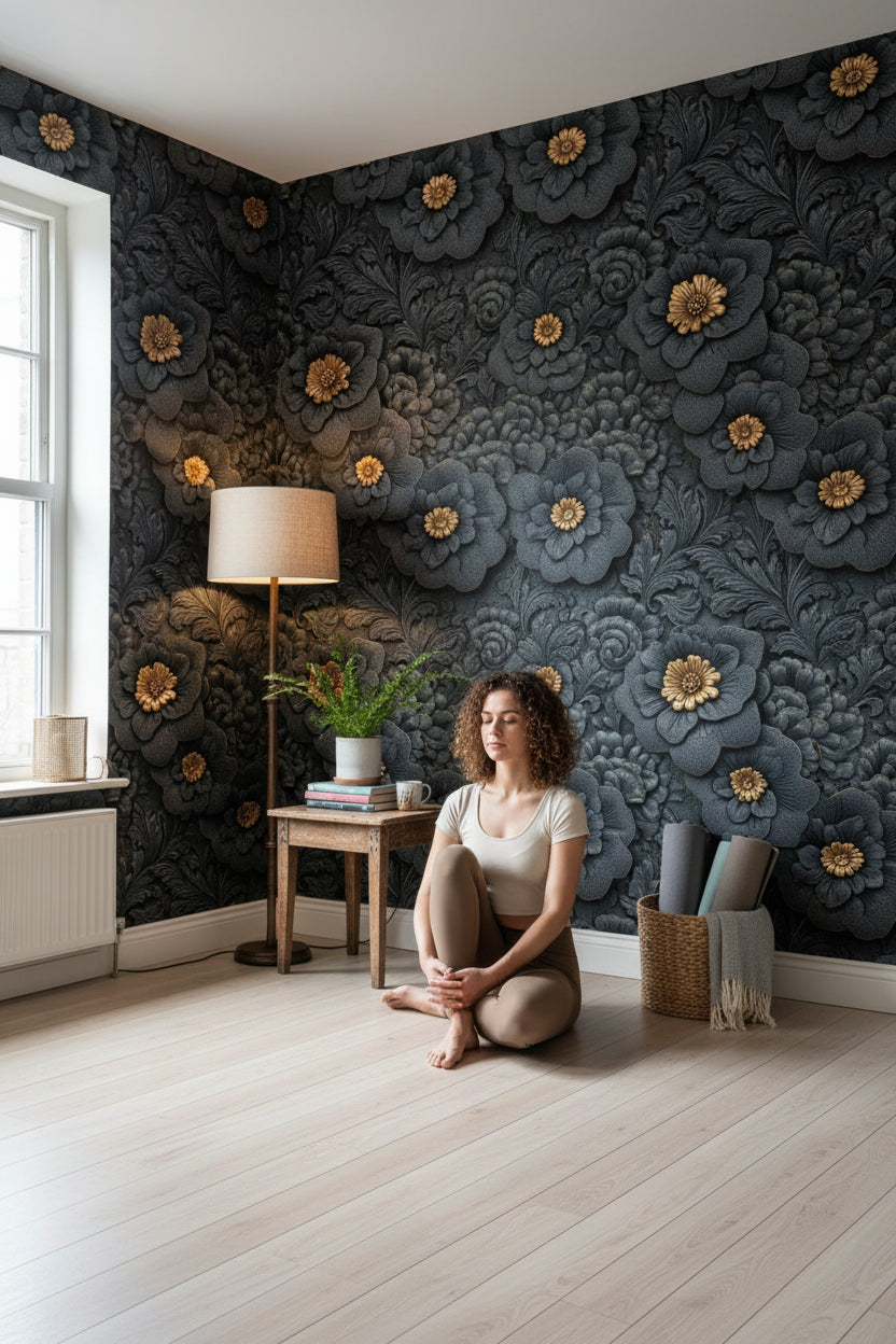 Floral Wallpaper Black Mural Gold Wall Decor