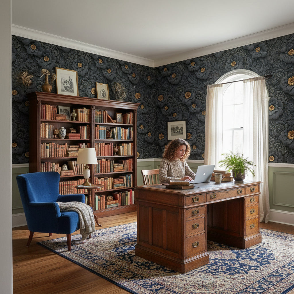 Gold Look Accented Black Floral Wallpaper