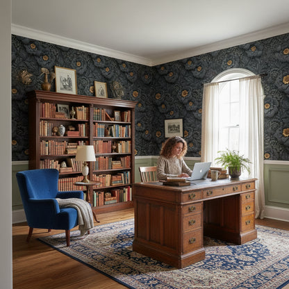 Gold Look Accented Black Floral Wallpaper