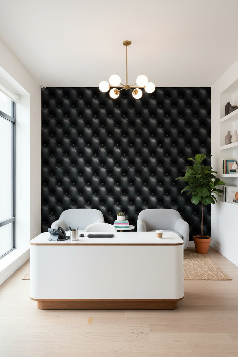 Leather Texture Wallpaper Button Accents Black Wall Mural