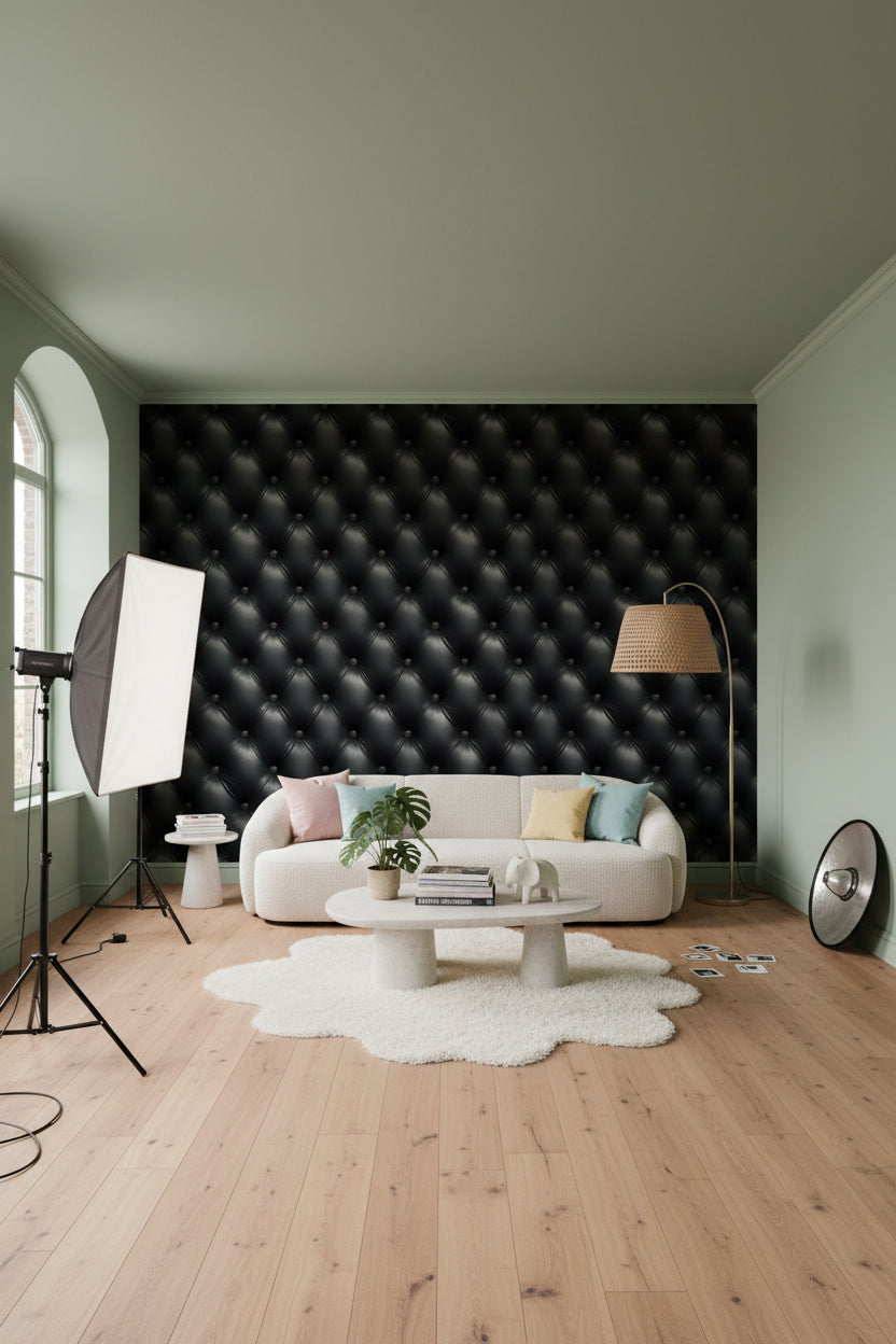 Leather Texture Wallpaper Button Accents Black Wall Mural