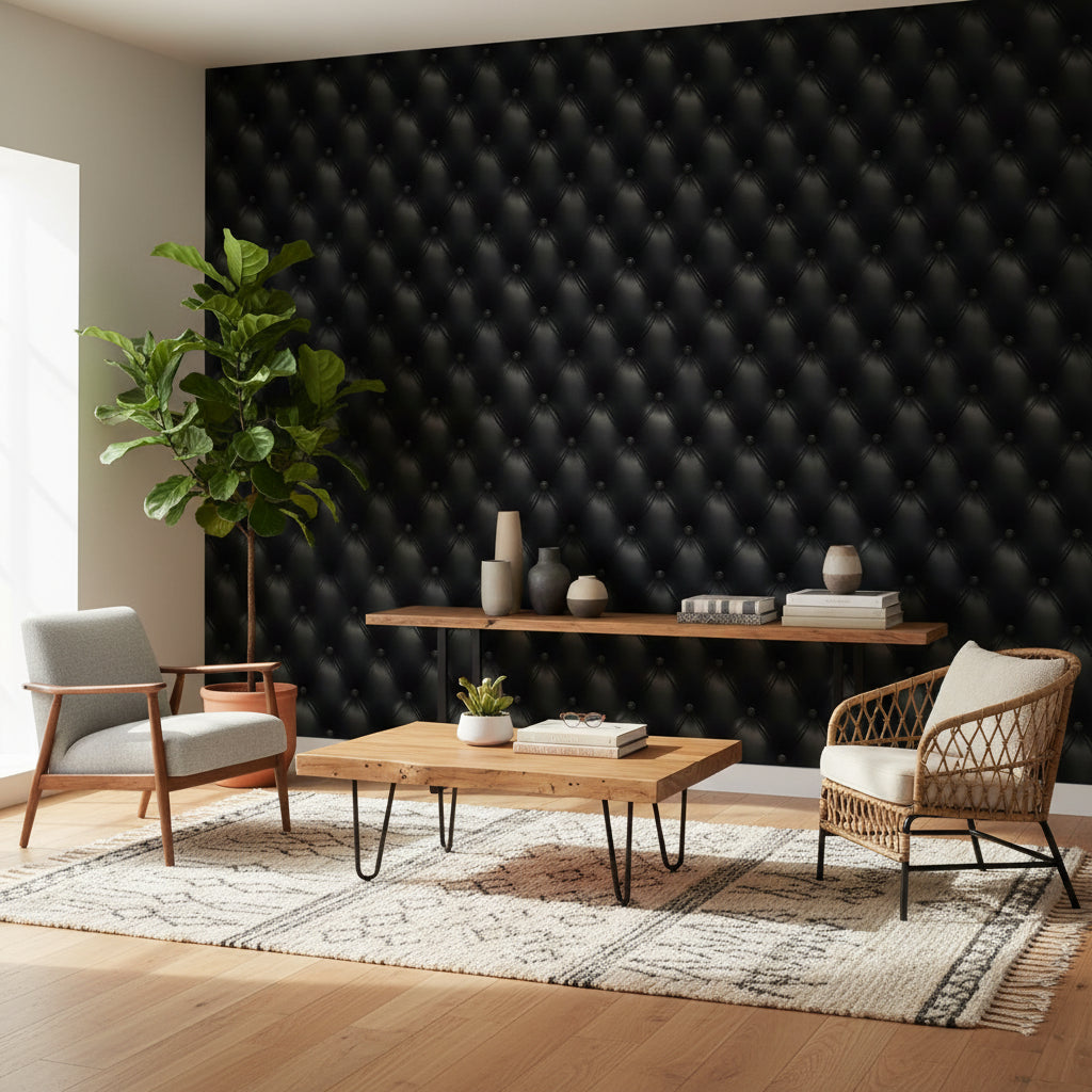 Leather Texture Wallpaper Button Accents Black Wall Mural