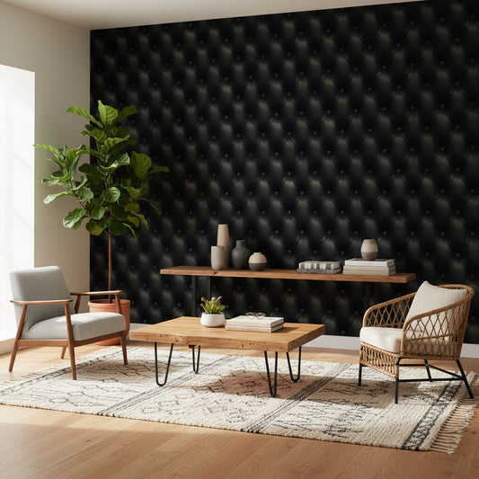Leather Texture Wallpaper Button Accents Black Wall Mural