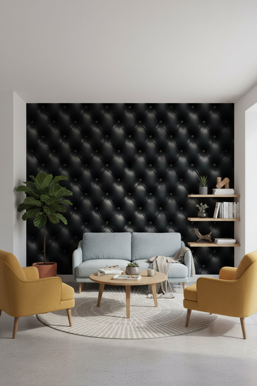 Leather Texture Wallpaper Button Accents Black Wall Mural