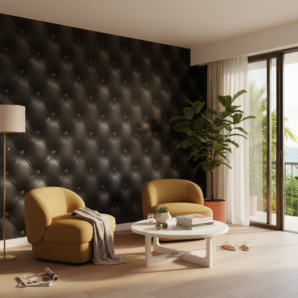 Leather Texture Wallpaper Button Accents Black Wall Mural