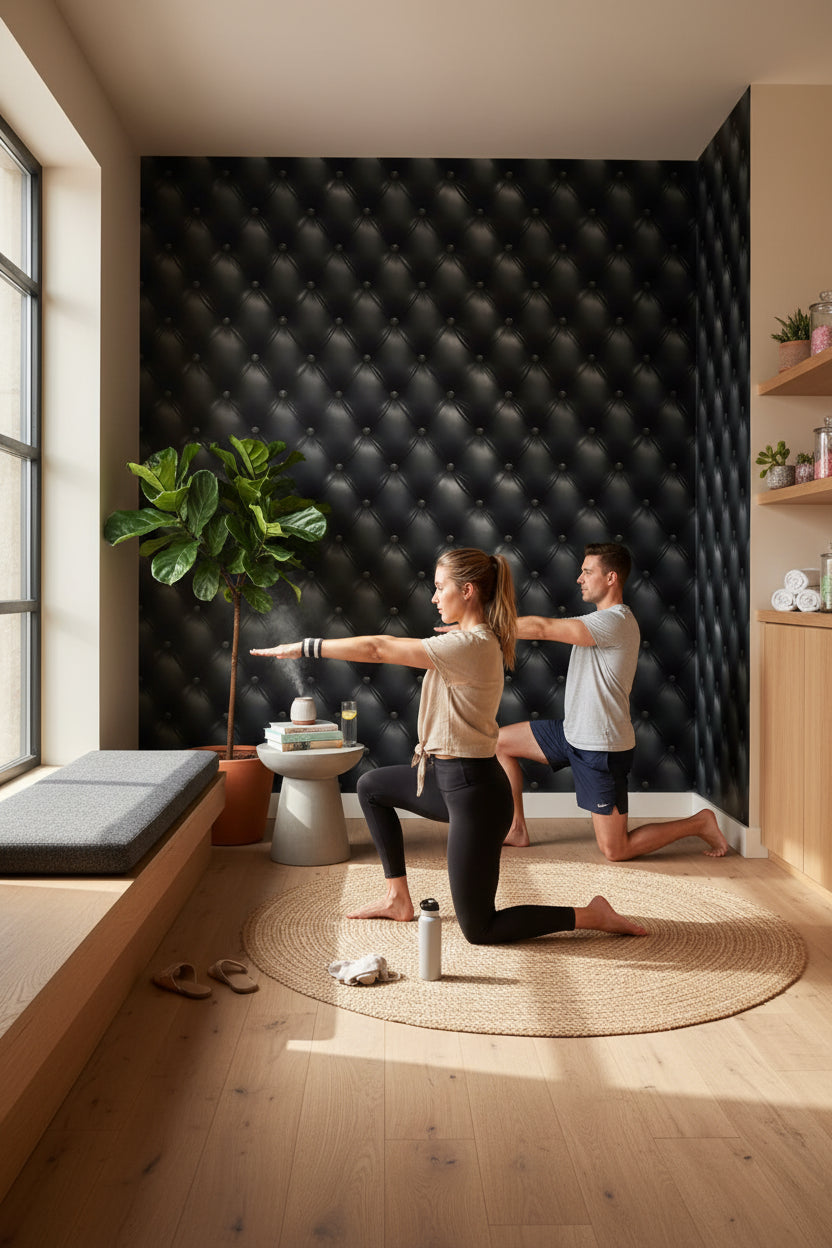 Leather Texture Wallpaper Button Accents Black Wall Mural