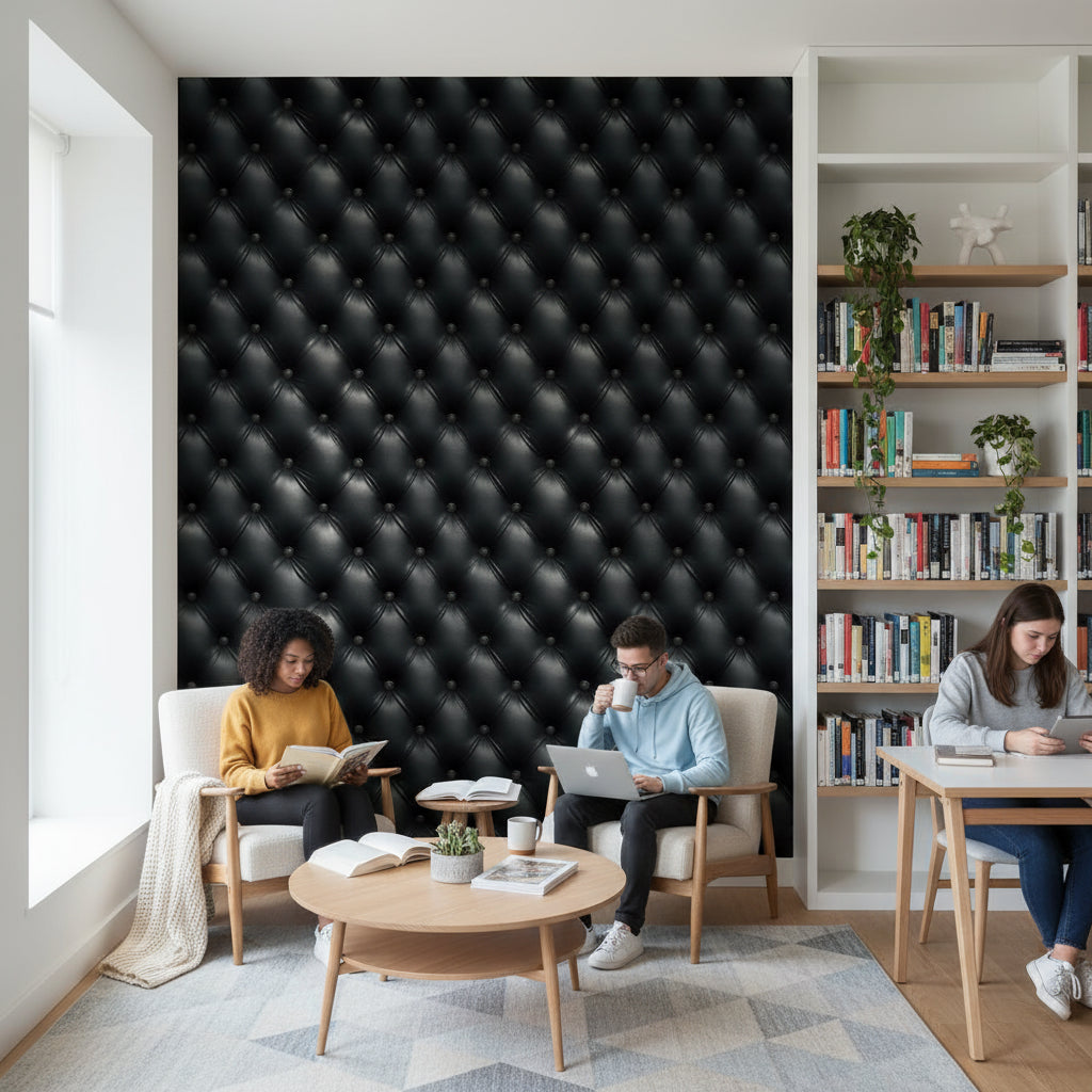 Leather Texture Wallpaper Button Accents Black Wall Mural