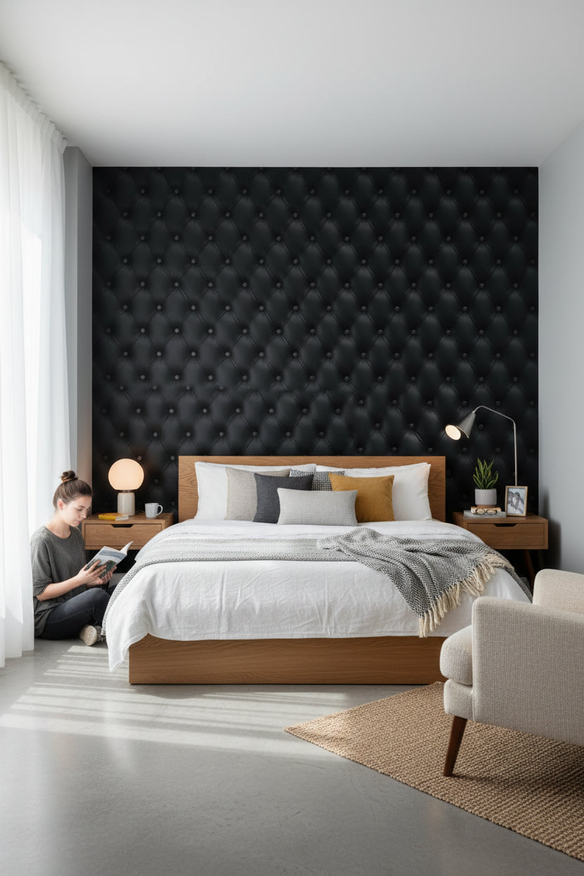 Leather Texture Wallpaper Button Accents Black Wall Mural