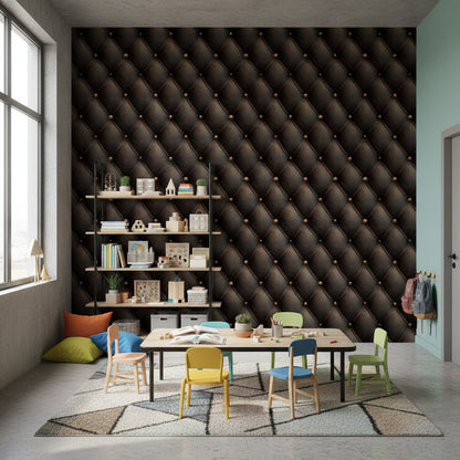 Rich Chocolate Brown 3D Tufted Leather Wallpaper