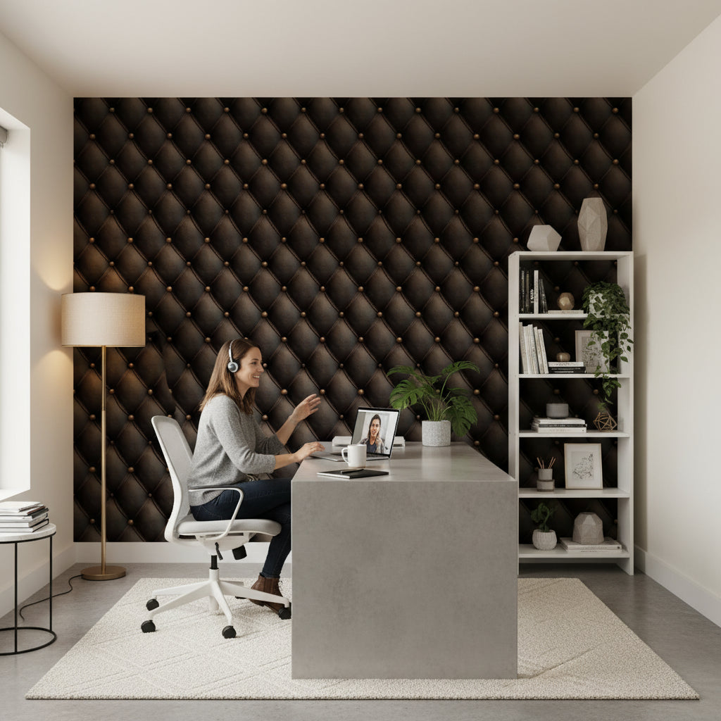 Rich Chocolate Brown 3D Tufted Leather Wallpaper