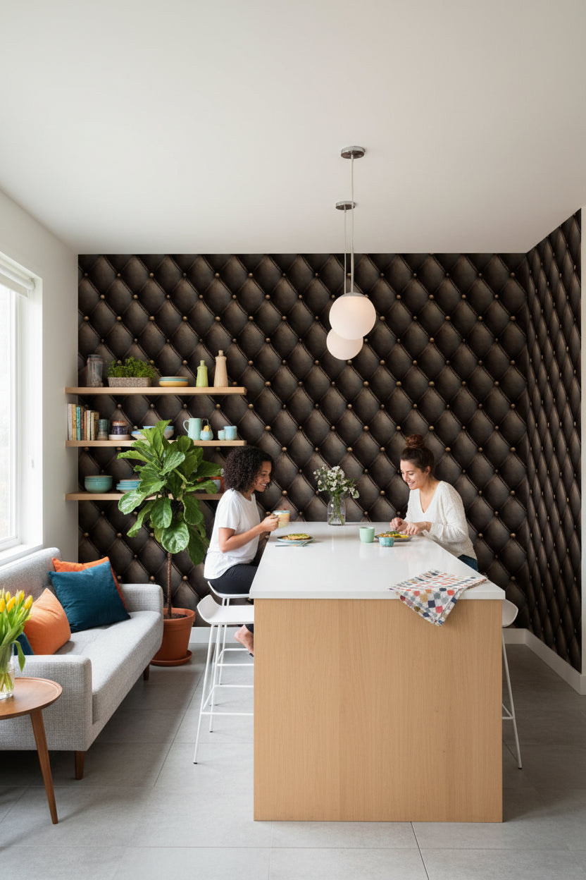 Rich Chocolate Brown 3D Tufted Leather Wallpaper