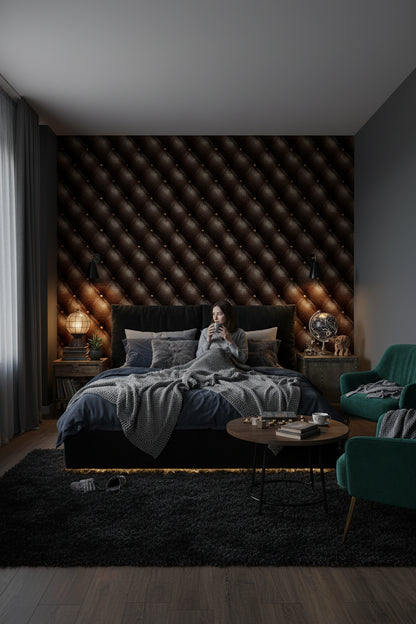 Rich Chocolate Brown Quilted Leather Wallpaper
