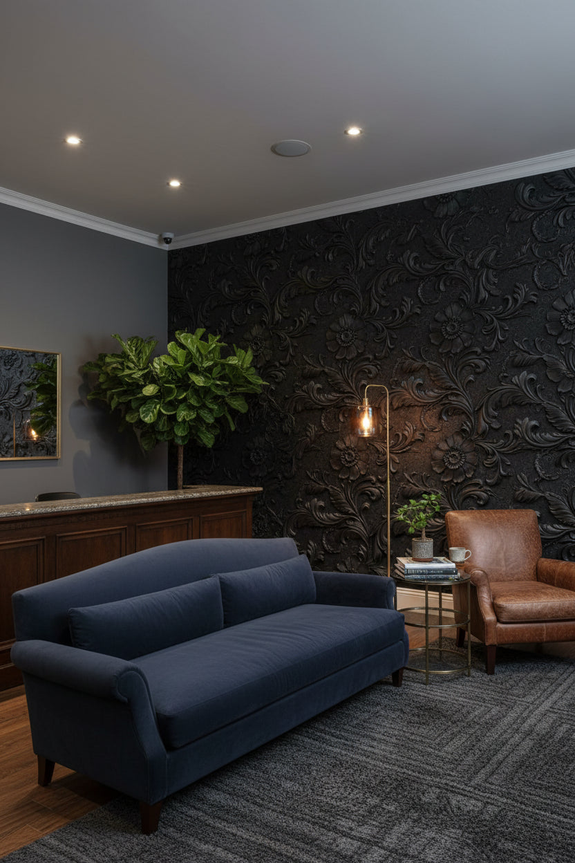 Floral Wallpaper Black Embossed Decorative Mural