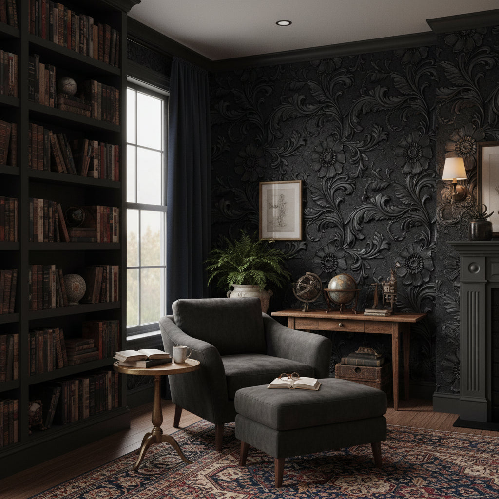 Floral Wallpaper Black Embossed Decorative Mural