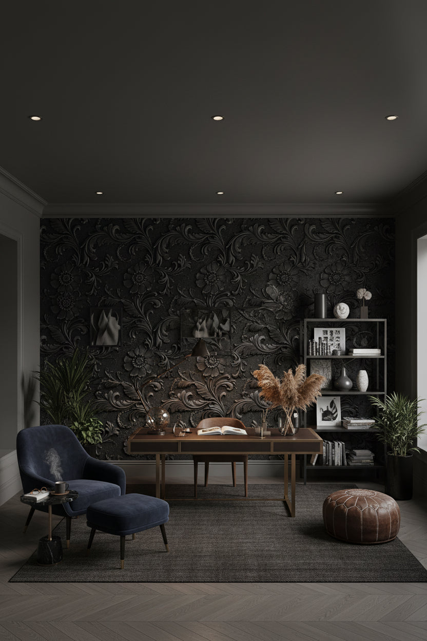 Floral Wallpaper Black Embossed Decorative Mural
