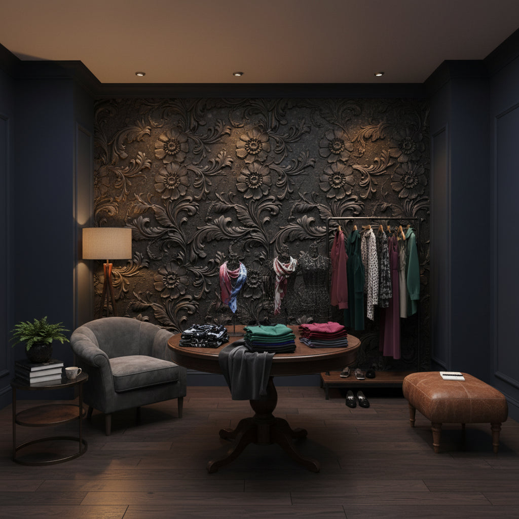 Floral Wallpaper Black Embossed Decorative Mural