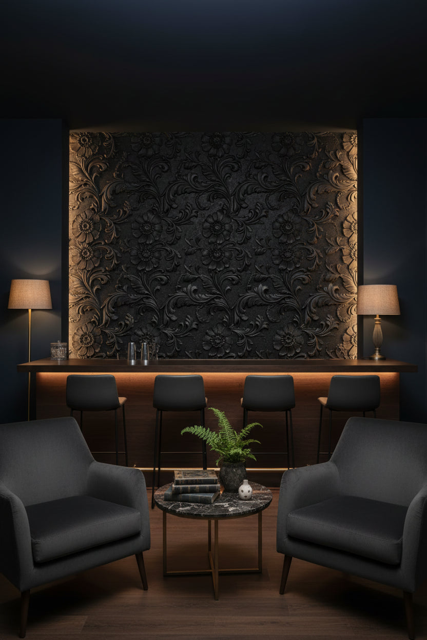 Floral Wallpaper Black Embossed Decorative Mural