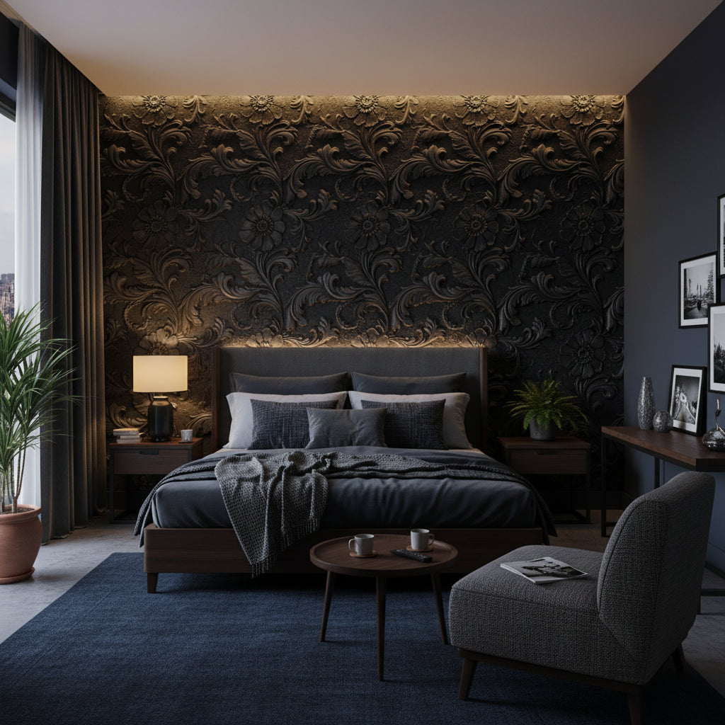 Floral Wallpaper Black Embossed Decorative Mural