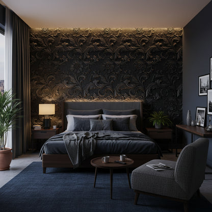 Elegant Black Embossed Floral Art Deco Wallpaper