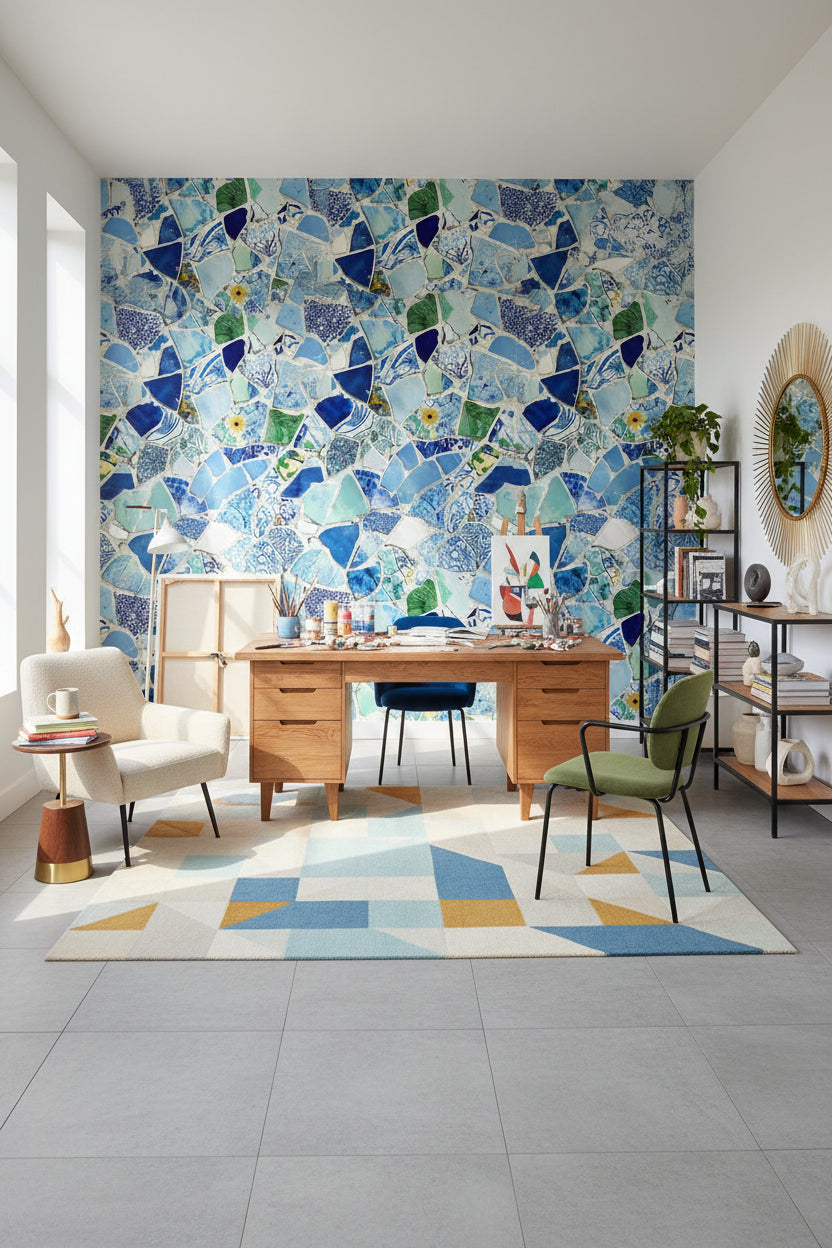 Mosaic Wallpaper Ceramic Blue Wall Double Roll