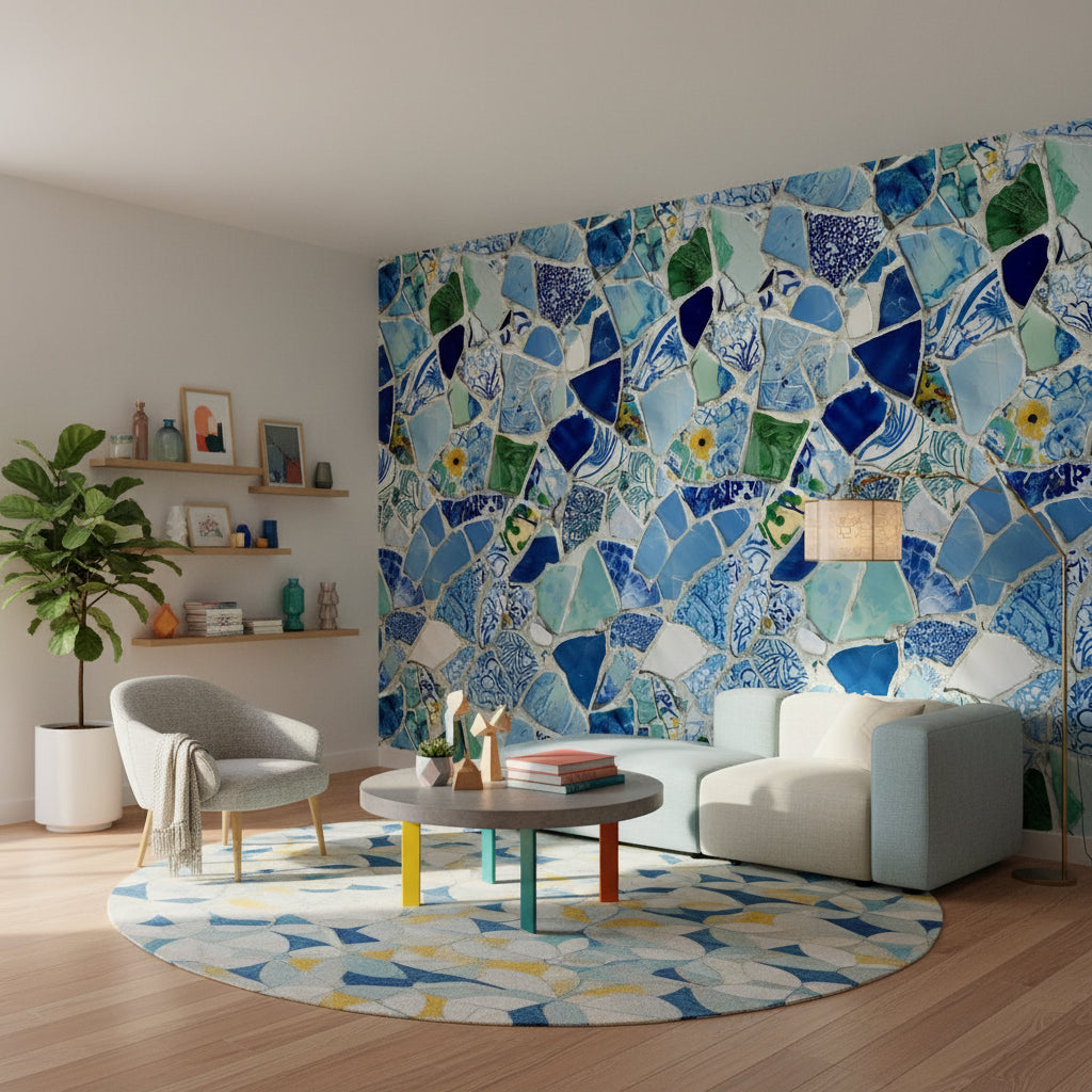 Mosaic Wallpaper Ceramic Blue Wall Double Roll
