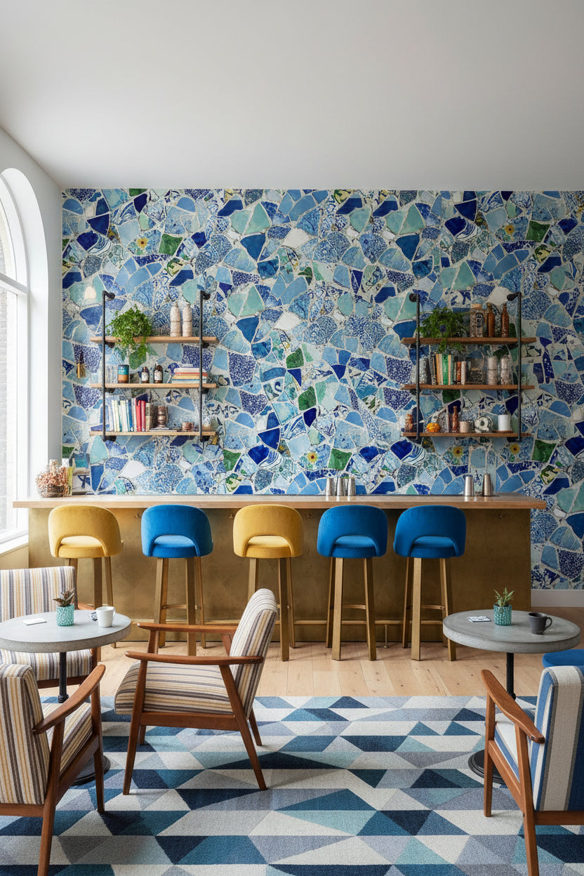 Mosaic Wallpaper Ceramic Blue Wall Double Roll