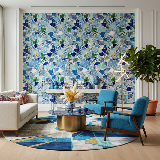 Mosaic Wallpaper Ceramic Blue Wall Double Roll