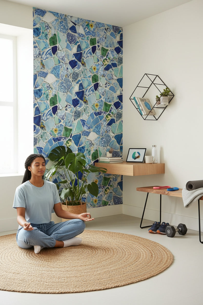 Mosaic Wallpaper Ceramic Blue Wall Double Roll