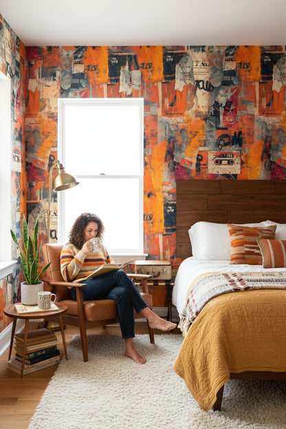 Vibrant Orange and Navy Graffiti Abstract Wallpaper