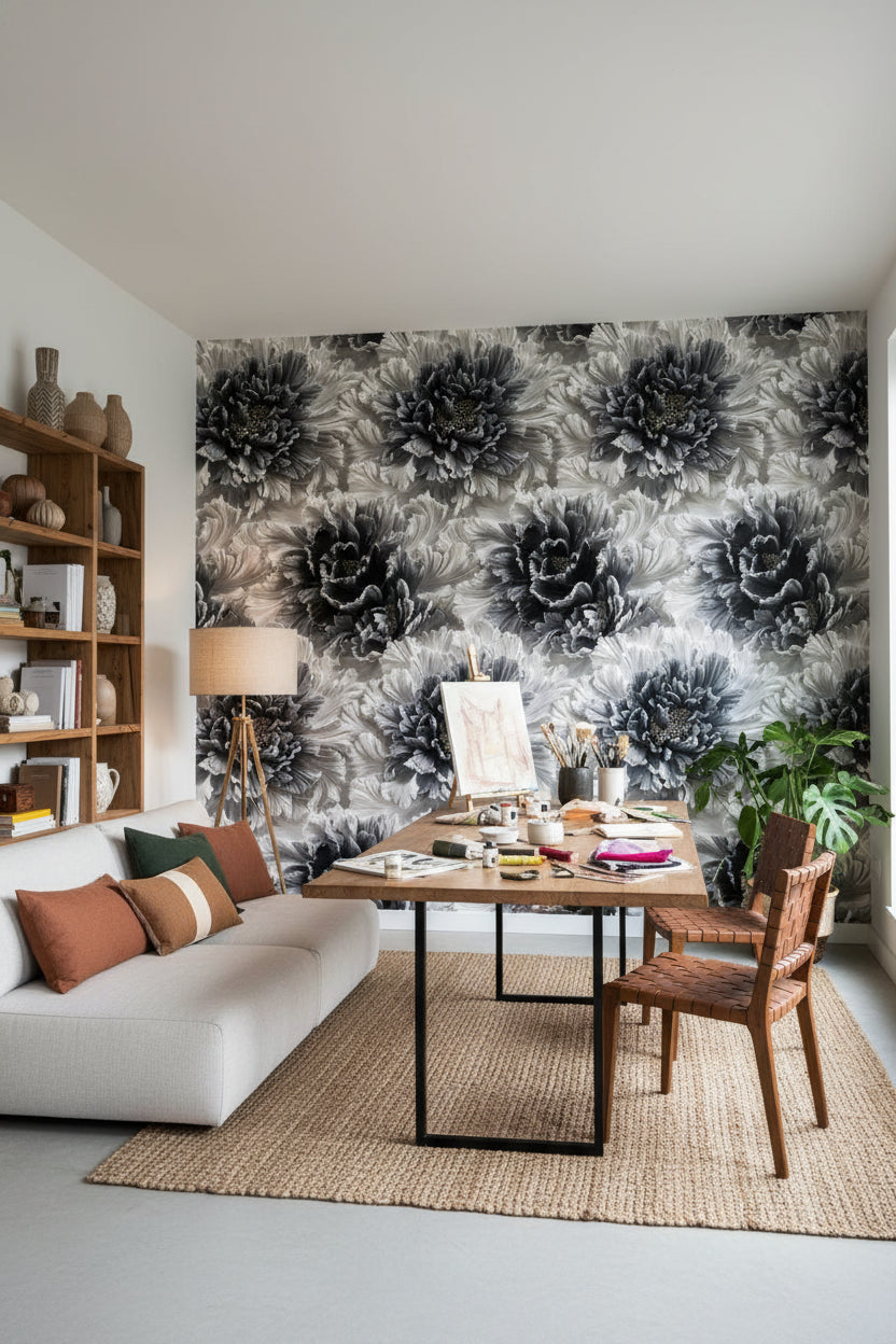 Monochrome Large Floral Pattern Wallpaper