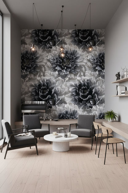 Monochrome Large Floral Pattern Wallpaper