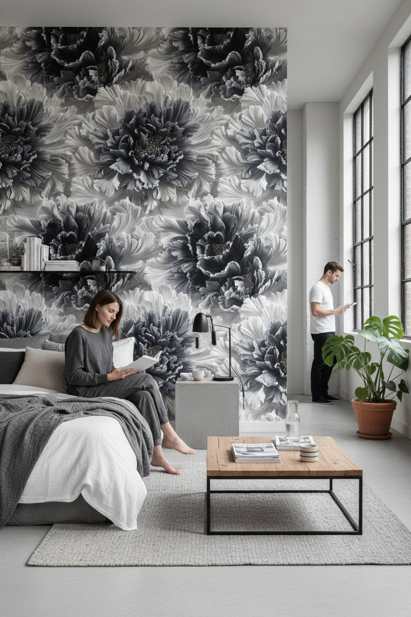 Monochrome Large Floral Pattern Wallpaper