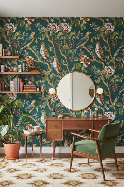 Emerald Green Floral and Bird Motif Wallpaper